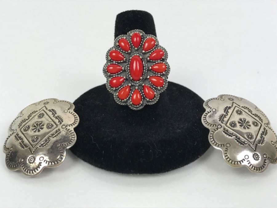 Sterling Silver And Coral Ring Signed AW Size 8 1/4 And Pair Of Sterling Silver Chased Earrings Signed Q.T. Total Weight 15.8g [Photo 1]