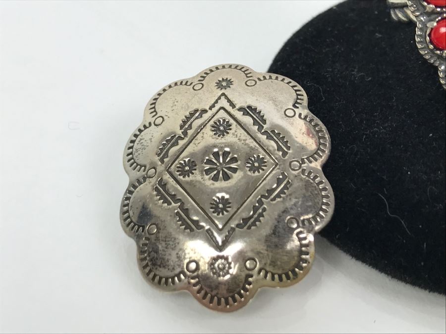 Sterling Silver And Coral Ring Signed AW Size 8 1/4 And Pair Of Sterling Silver Chased Earrings Signed Q.T. Total Weight 15.8g [Photo 7]