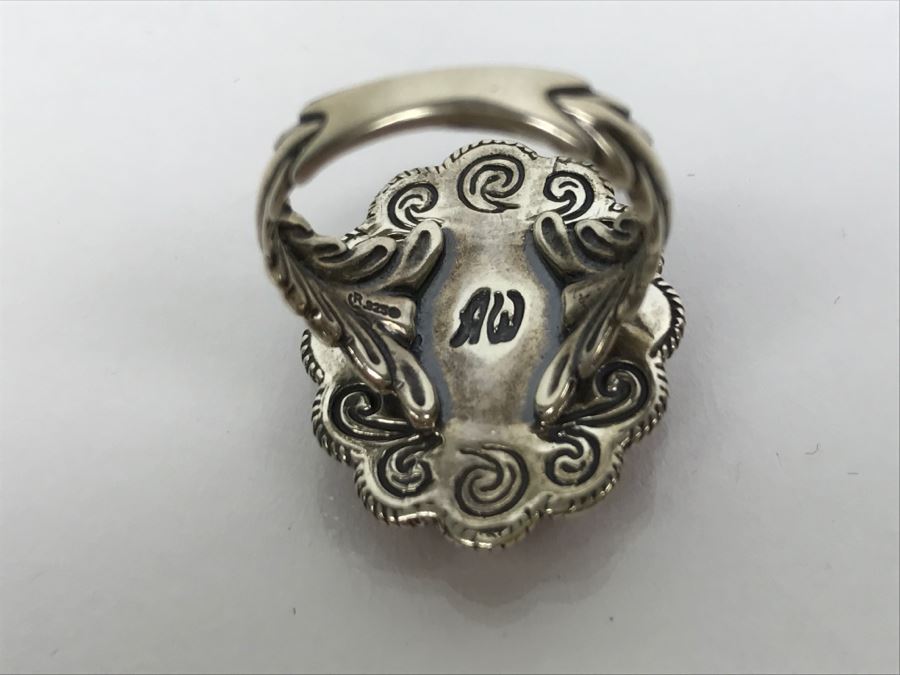 Sterling Silver And Coral Ring Signed AW Size 8 1/4 And Pair Of Sterling Silver Chased Earrings Signed Q.T. Total Weight 15.8g [Photo 17]