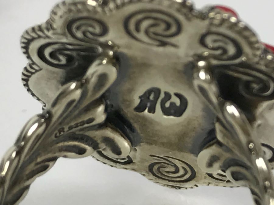 Sterling Silver And Coral Ring Signed AW Size 8 1/4 And Pair Of Sterling Silver Chased Earrings Signed Q.T. Total Weight 15.8g [Photo 22]
