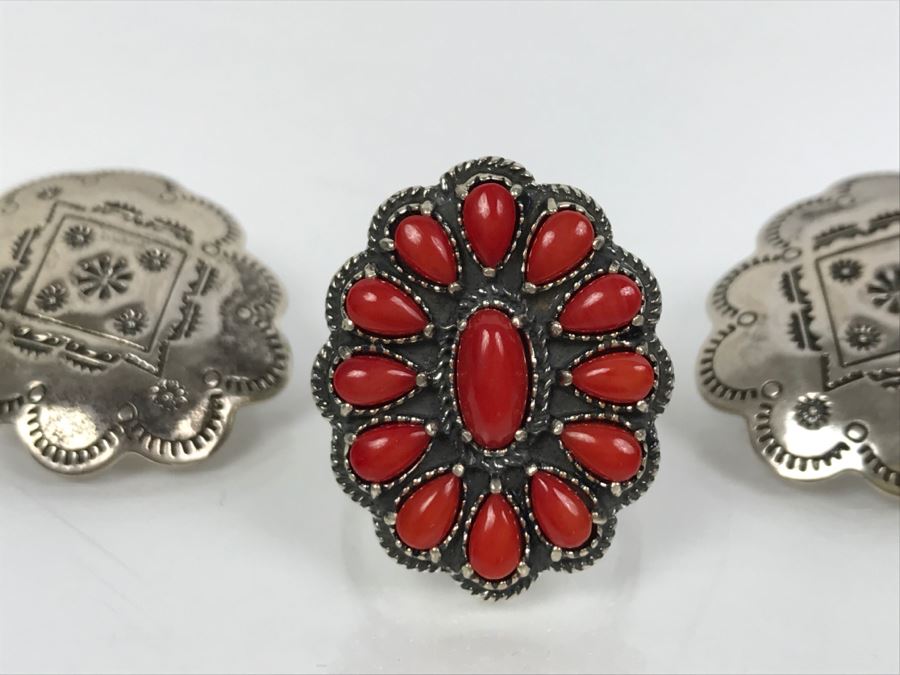 Sterling Silver And Coral Ring Signed AW Size 8 1/4 And Pair Of Sterling Silver Chased Earrings Signed Q.T. Total Weight 15.8g [Photo 13]