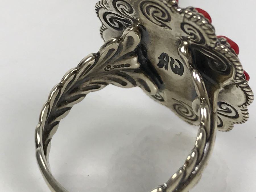 Sterling Silver And Coral Ring Signed AW Size 8 1/4 And Pair Of Sterling Silver Chased Earrings Signed Q.T. Total Weight 15.8g [Photo 19]