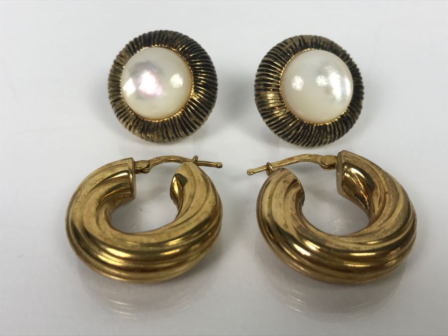 (2) Pairs Of Sterling Silver Gold Tone Earrings 22.2g [Photo 1]