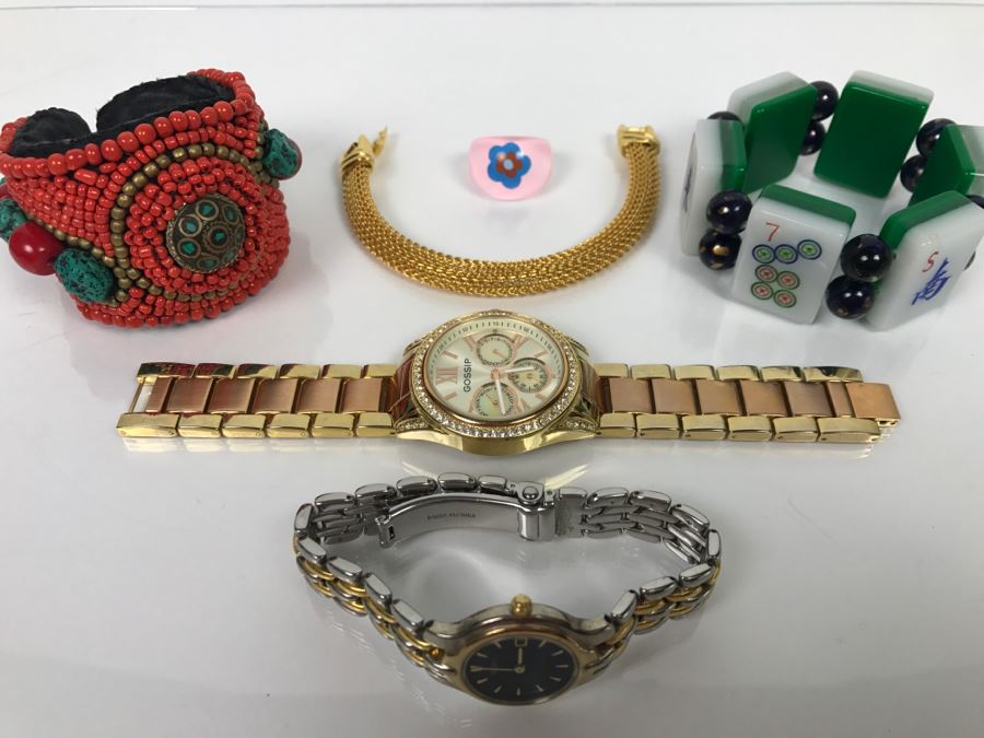 Jewelry Lot With Pair Of Watches, (3) Braceletes And Ring [Photo 1]