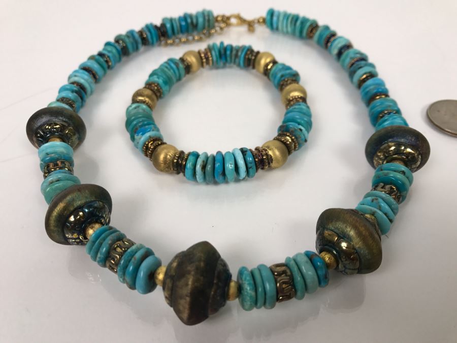 Italian Sterling Silver And Turquoise Necklace And Matching Bracelet [Photo 4]