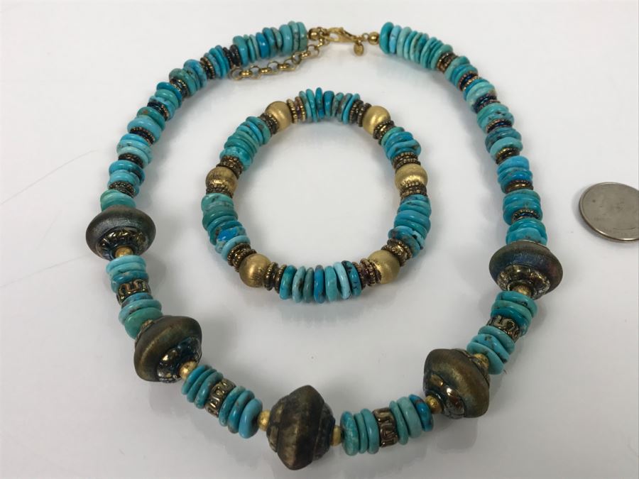 Italian Sterling Silver And Turquoise Necklace And Matching Bracelet [Photo 5]