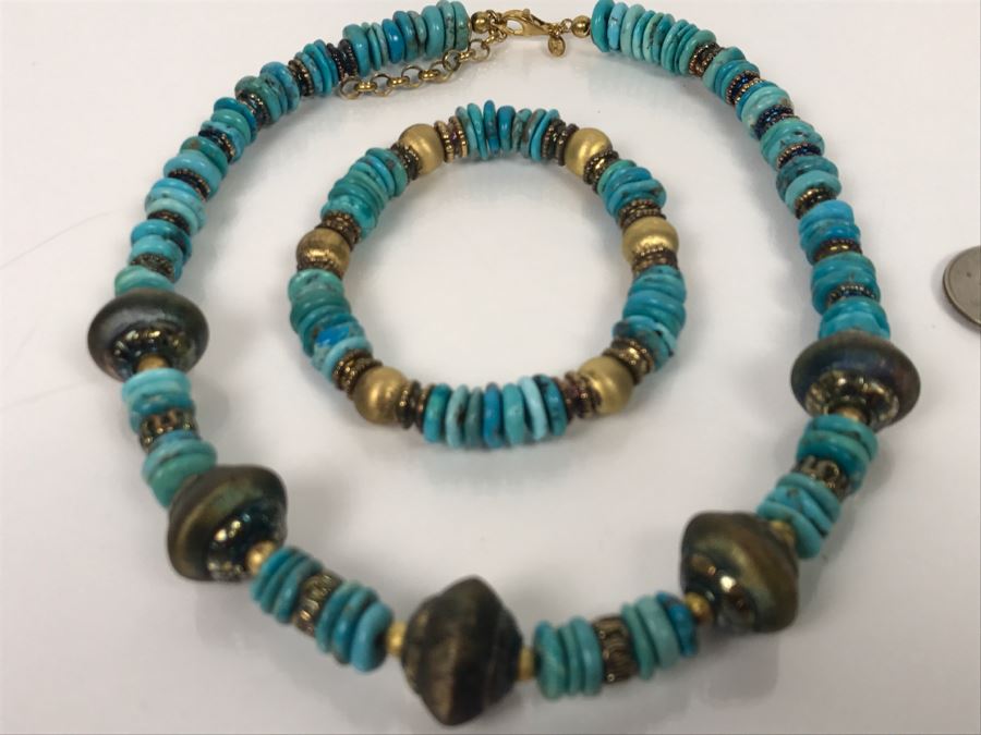 Italian Sterling Silver And Turquoise Necklace And Matching Bracelet [Photo 2]