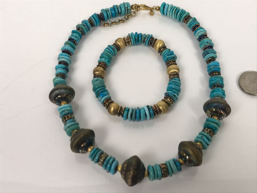 Italian Sterling Silver And Turquoise Necklace And Matching Bracelet [Photo 1]