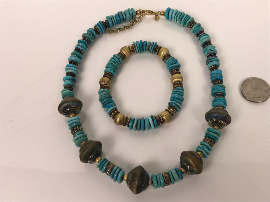 Italian Sterling Silver And Turquoise Necklace And Matching Bracelet [Photo 3]