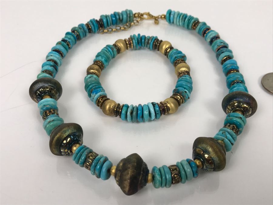 Italian Sterling Silver And Turquoise Necklace And Matching Bracelet [Photo 6]