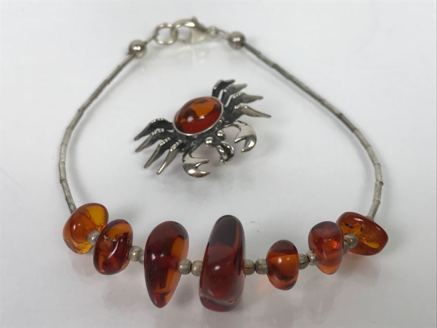 Sterling Silver And Amber Crab Brooch Pendant And Sterling Silver And Amber Bracelet 6.9g [Photo 1]