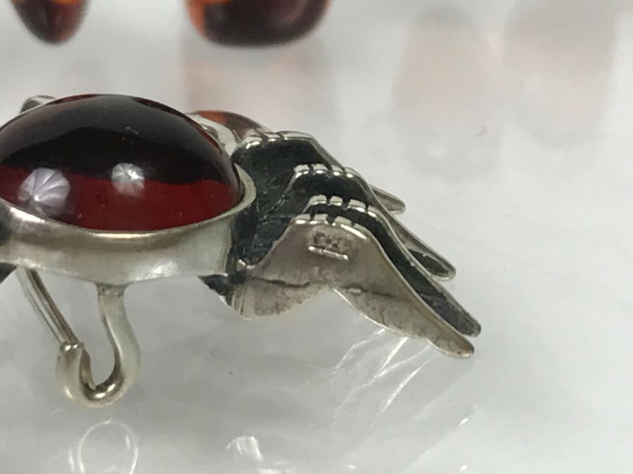 Sterling Silver And Amber Crab Brooch Pendant And Sterling Silver And Amber Bracelet 6.9g [Photo 6]