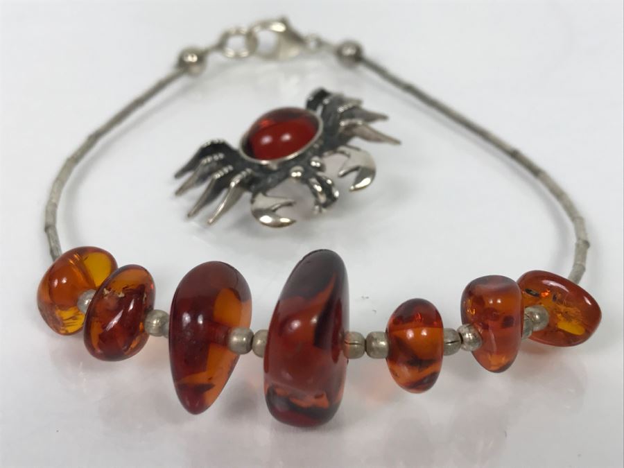 Sterling Silver And Amber Crab Brooch Pendant And Sterling Silver And Amber Bracelet 6.9g [Photo 3]