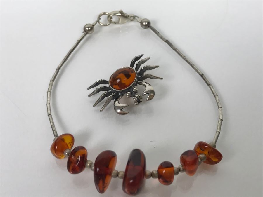 Sterling Silver And Amber Crab Brooch Pendant And Sterling Silver And Amber Bracelet 6.9g [Photo 2]