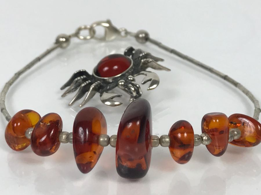 Sterling Silver And Amber Crab Brooch Pendant And Sterling Silver And Amber Bracelet 6.9g [Photo 5]