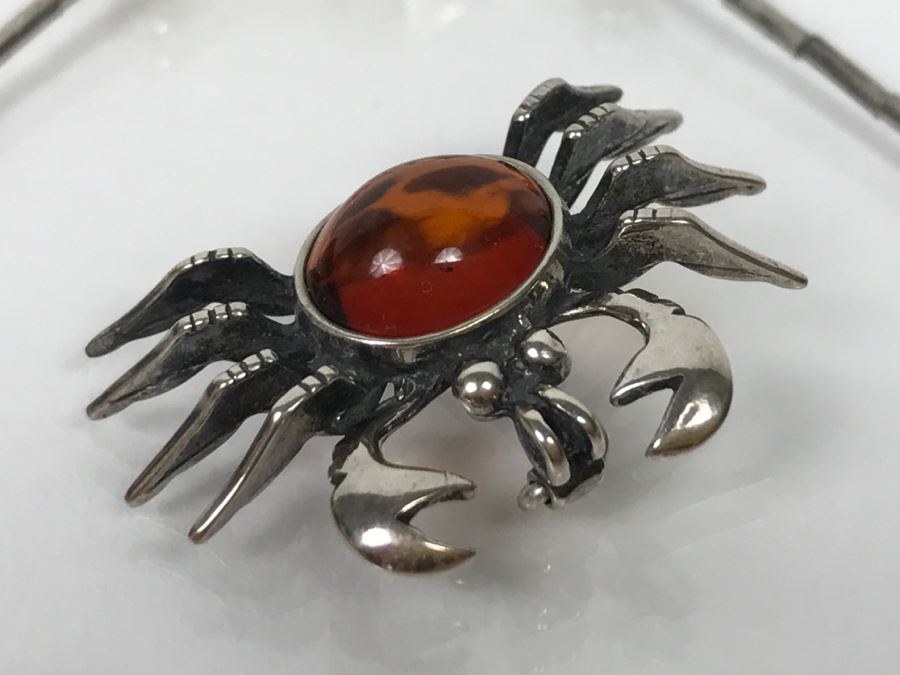 Sterling Silver And Amber Crab Brooch Pendant And Sterling Silver And Amber Bracelet 6.9g [Photo 4]