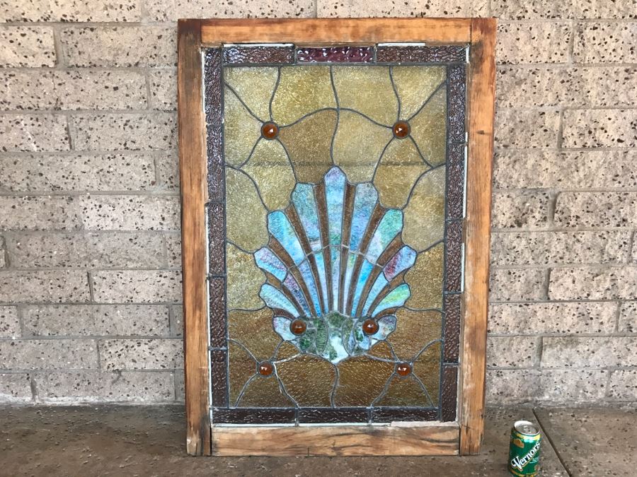 Stunning Vintage Framed Stained Glass Shell Motif 28.5' X 41' [Photo 6]