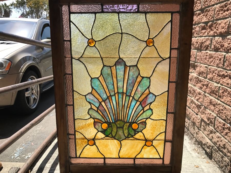 Stunning Vintage Framed Stained Glass Shell Motif 28.5' X 41'