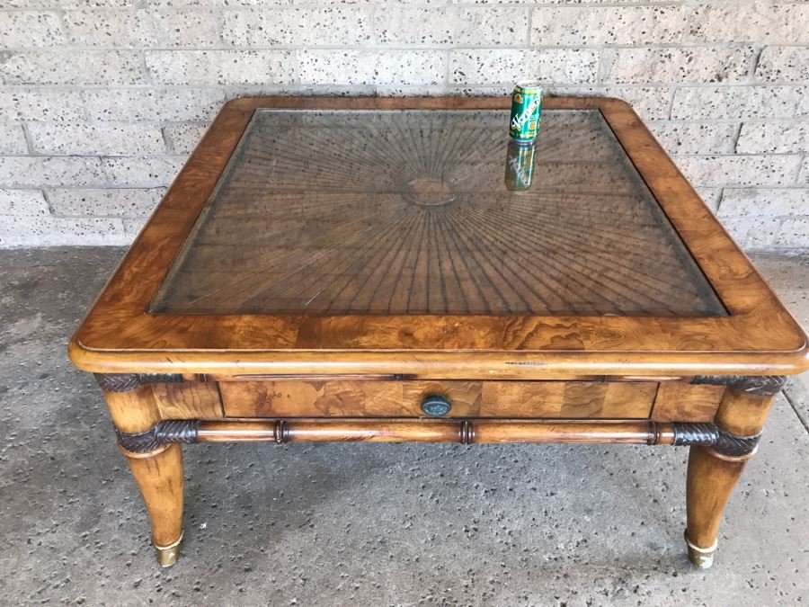 Wooden Coffee Table With Sunburst Pattern Top And Drawer By Schnadig Furniture 41' X 21'H [Photo 5]