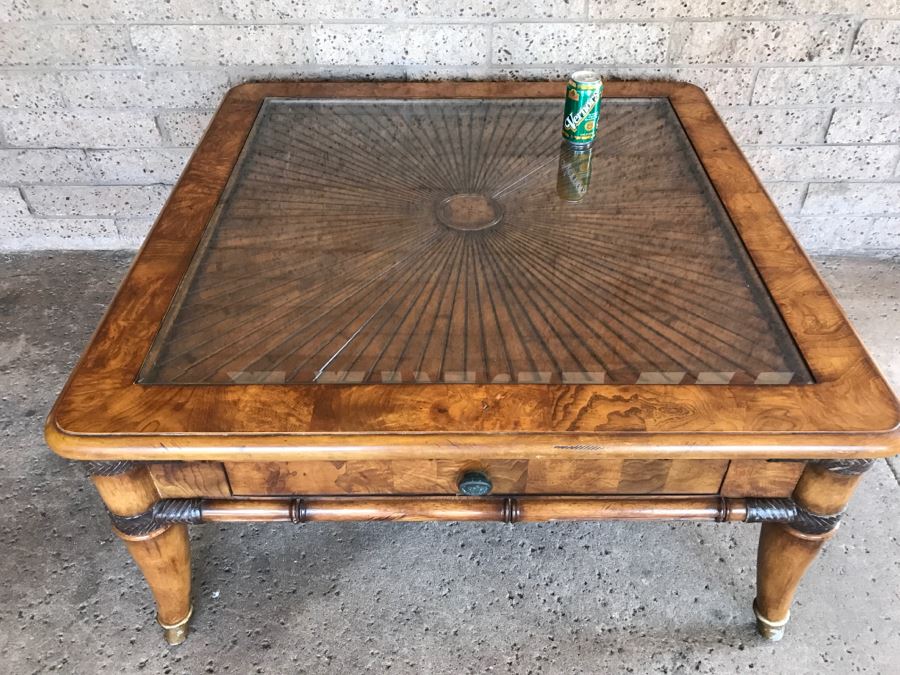 Wooden Coffee Table With Sunburst Pattern Top And Drawer By Schnadig Furniture 41' X 21'H [Photo 6]