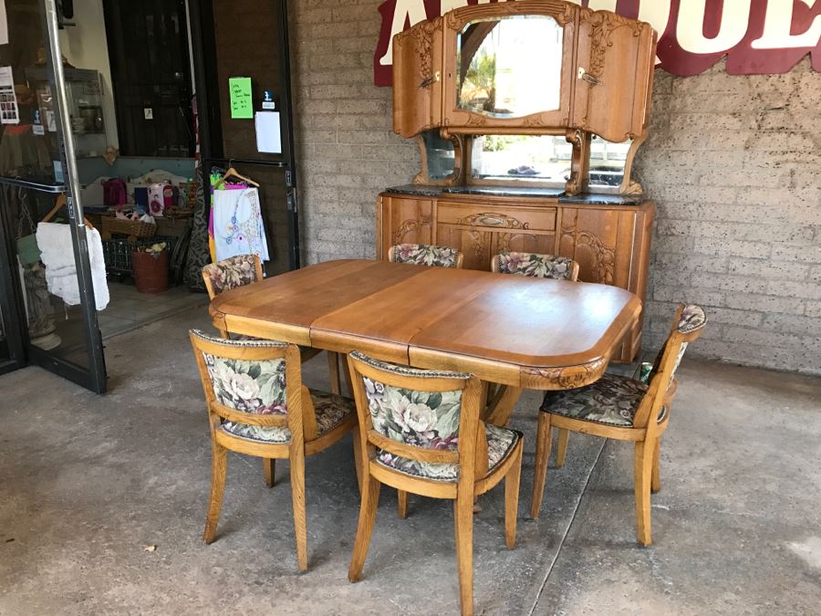 Stunning Dutch Colonial Dining Room Set With Nicely Carved Marble Top China Cabinet, Dining Table And (6) Chairs [Photo 5]