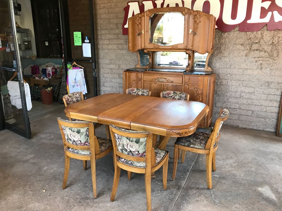 JUST ADDED - Stunning Dutch Colonial Dining Room Set With Nicely Carved Marble Top China Cabinet, Dining Table And (6) Chairs
