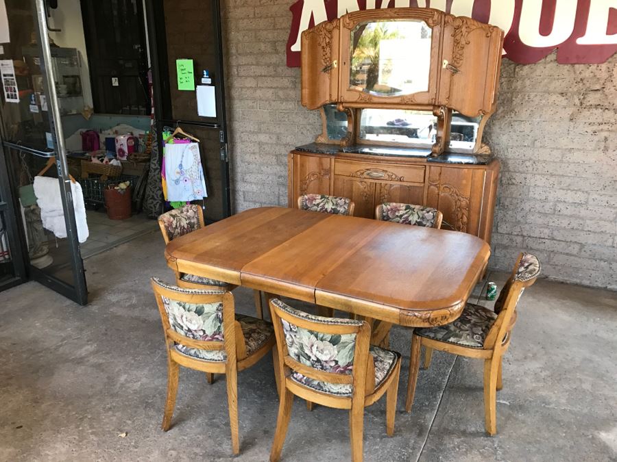 Stunning Dutch Colonial Dining Room Set With Nicely Carved Marble Top China Cabinet, Dining Table And (6) Chairs [Photo 6]