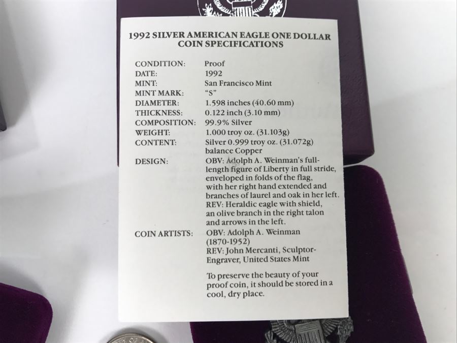 Pair Of Proof Silver American Eagle 1Oz Coins 1992 [Photo 13]