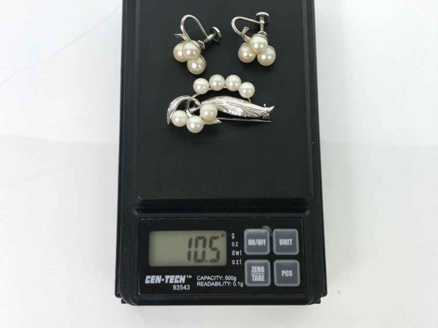 Vintage Sterling Silver Pearl Brooch Pin With Matching Earrings And Jewelry Box 10.5g [Photo 8]