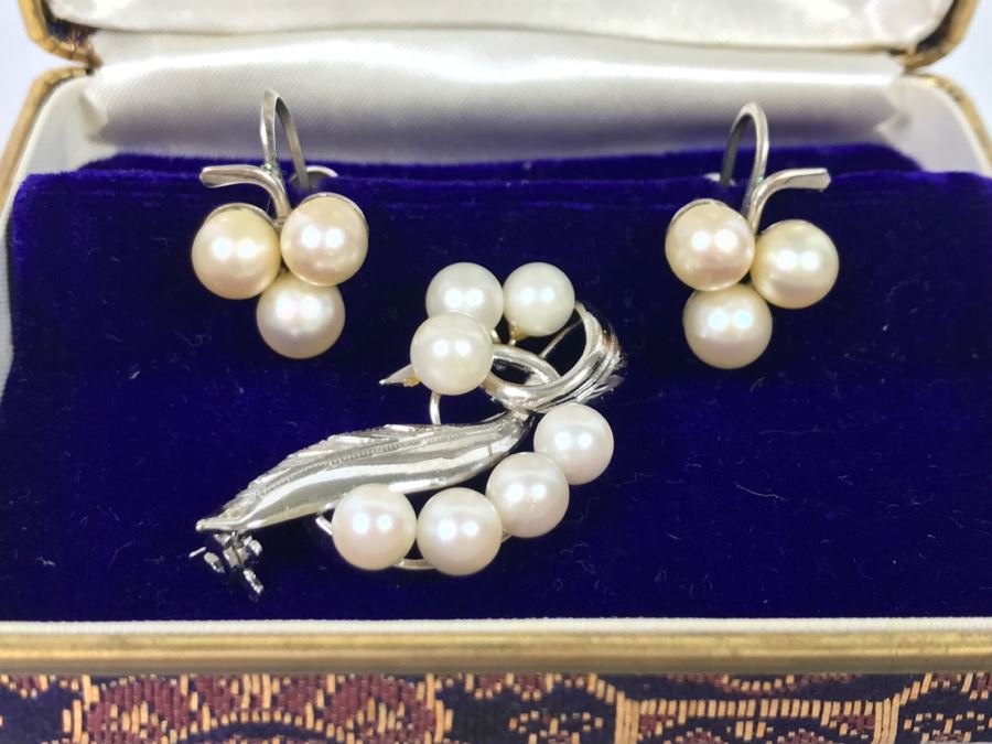 Vintage Sterling Silver Pearl Brooch Pin With Matching Earrings And Jewelry Box 10.5g [Photo 3]