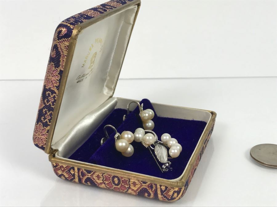 Vintage Sterling Silver Pearl Brooch Pin With Matching Earrings And Jewelry Box 10.5g [Photo 5]