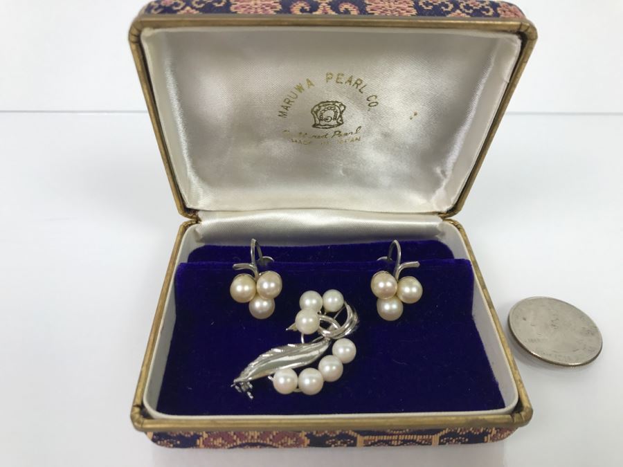 Vintage Sterling Silver Pearl Brooch Pin With Matching Earrings And Jewelry Box 10.5g