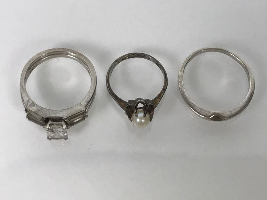 Set Of (3) Sterling Silver Rings One With Pearl 6.8g [Photo 5]