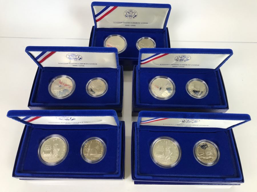 (5) 1986 US Liberty Coins Sets With Liberty Silver Dollar And Liberty Half Dollar