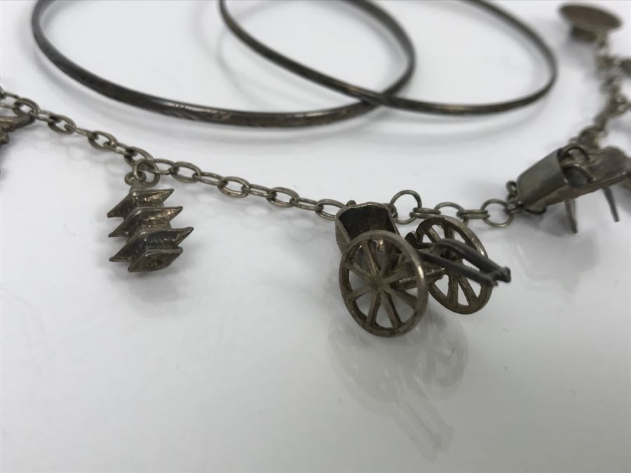 Chinese Sterling Silver Charm Bracelet With Pair Of Sterling Silver Bangle Bracelets 20.6g [Photo 7]