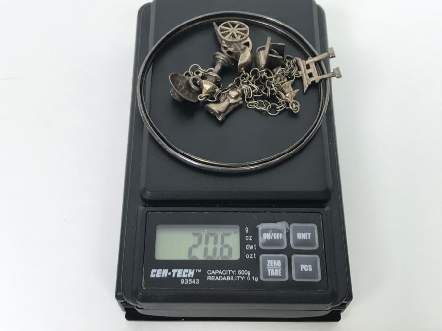 Chinese Sterling Silver Charm Bracelet With Pair Of Sterling Silver Bangle Bracelets 20.6g [Photo 18]