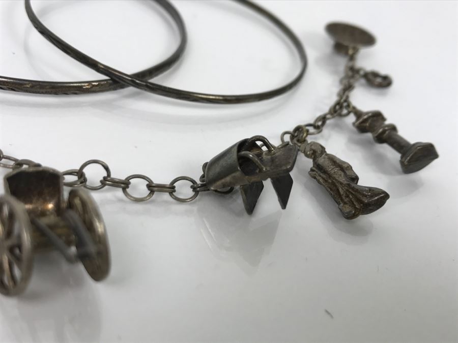 Chinese Sterling Silver Charm Bracelet With Pair Of Sterling Silver Bangle Bracelets 20.6g [Photo 8]