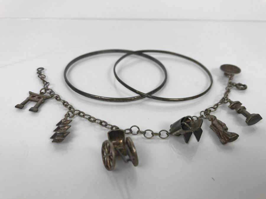 Chinese Sterling Silver Charm Bracelet With Pair Of Sterling Silver Bangle Bracelets 20.6g [Photo 2]