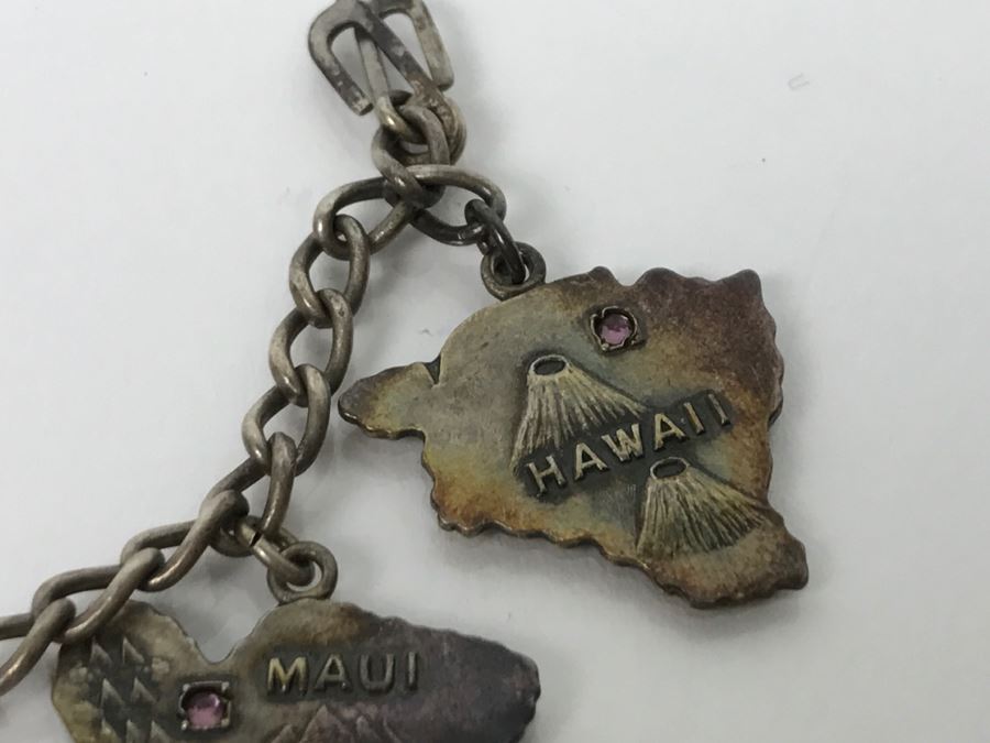 Vintage Sterling Silver Hawaiian Island Charm Bracelet With Stones 20.3g [Photo 10]