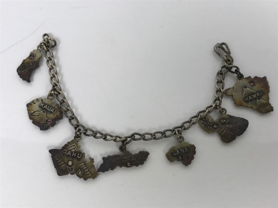 Vintage Sterling Silver Hawaiian Island Charm Bracelet With Stones 20.3g
