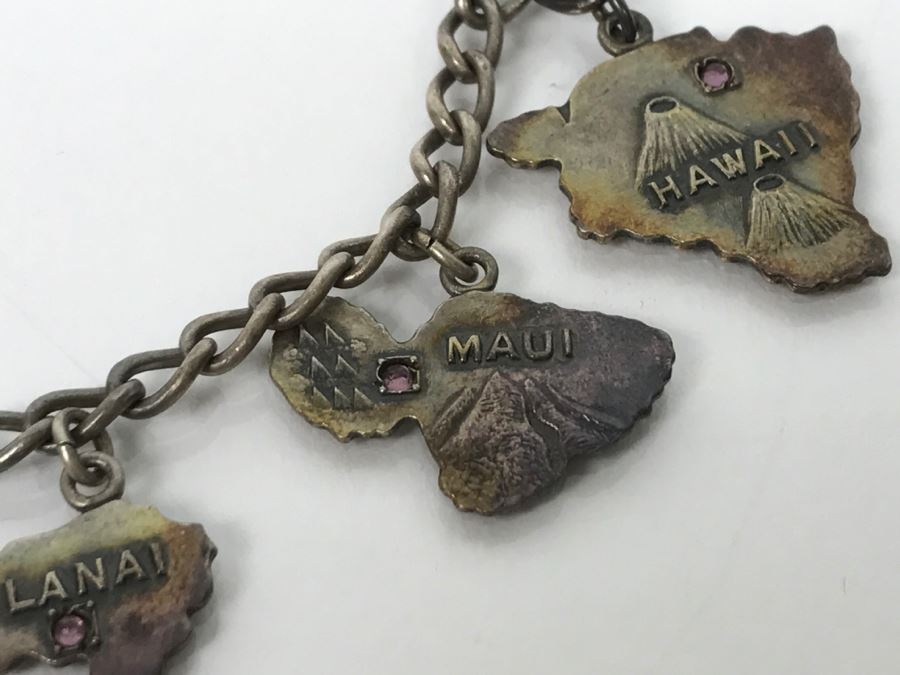 Vintage Sterling Silver Hawaiian Island Charm Bracelet With Stones 20.3g [Photo 9]