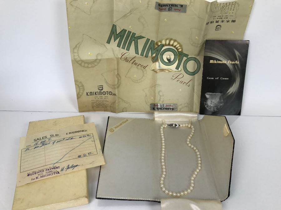 MIKIMOTO Cultured Pearls With Original Documenation From Japan Gem Of Gems Purchased In 1960 16' Choker Strand Necklace Estimate $1,000-$2,000 [Photo 1]