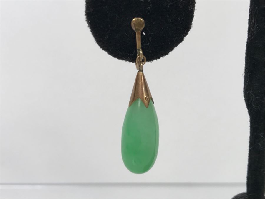 Vintage Pair Of 14K Gold Teardrop Jade Stone Earrings 5.9g FMV $200 [Photo 3]
