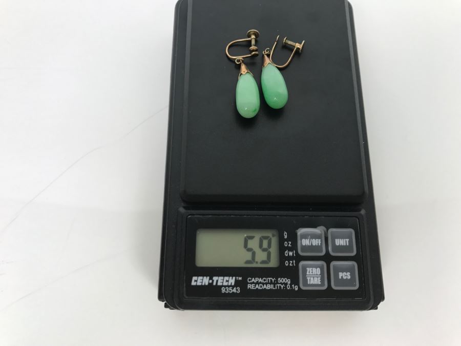 Vintage Pair Of 14K Gold Teardrop Jade Stone Earrings 5.9g FMV $200 [Photo 15]