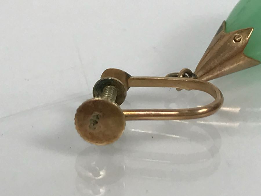 Vintage Pair Of 14K Gold Teardrop Jade Stone Earrings 5.9g FMV $200 [Photo 12]