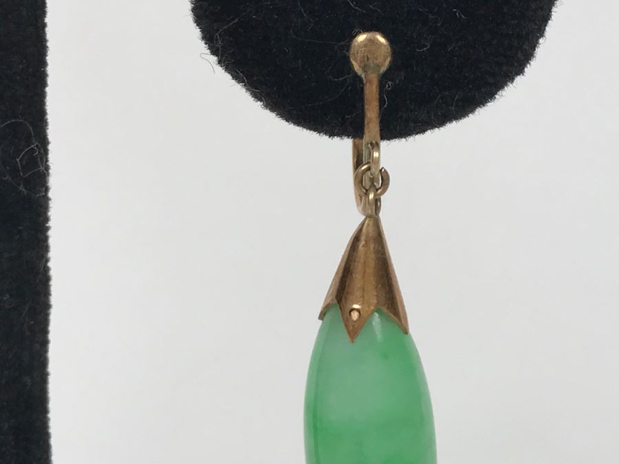 Vintage Pair Of 14K Gold Teardrop Jade Stone Earrings 5.9g FMV $200 [Photo 6]
