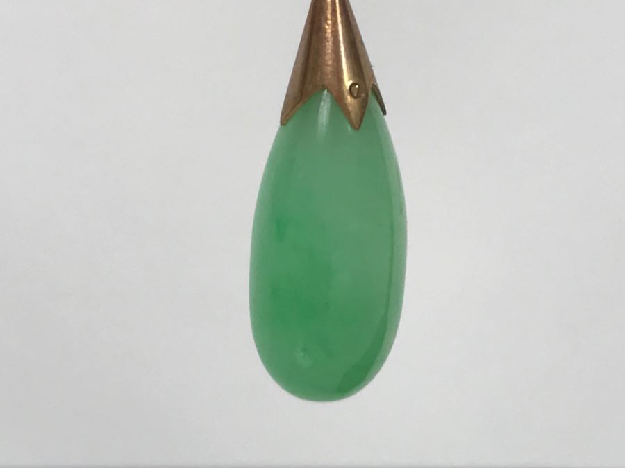 Vintage Pair Of 14K Gold Teardrop Jade Stone Earrings 5.9g FMV $200 [Photo 4]