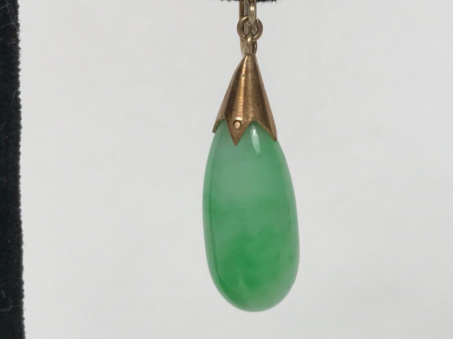 Vintage Pair Of 14K Gold Teardrop Jade Stone Earrings 5.9g FMV $200 [Photo 5]