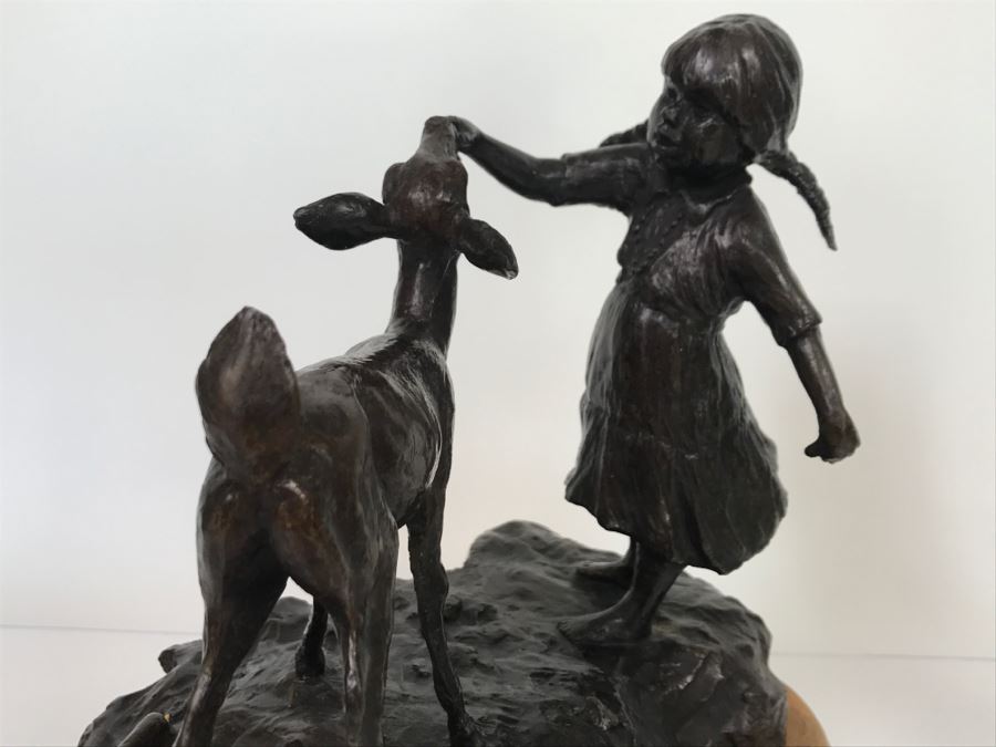 Vintage 1976 Renee Thompson Bronze Sculpture Titled 'New Friends' Depicting Girl Feeding A Deer 1 Of 15 10 X 12 X 9 [Photo 14]