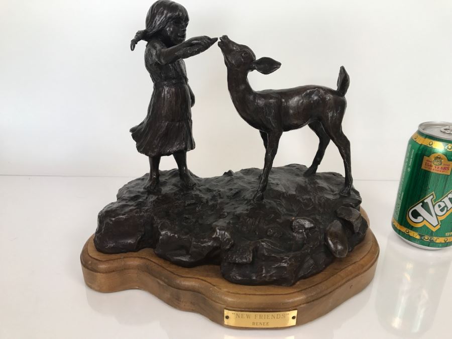 Vintage 1976 Renee Thompson Bronze Sculpture Titled 'New Friends' Depicting Girl Feeding A Deer 1 Of 15 10 X 12 X 9 [Photo 3]